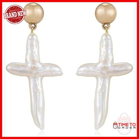 Jewelry - Freshwater Pearl Cross 18k Gold Plated Stud Dangle Earrings